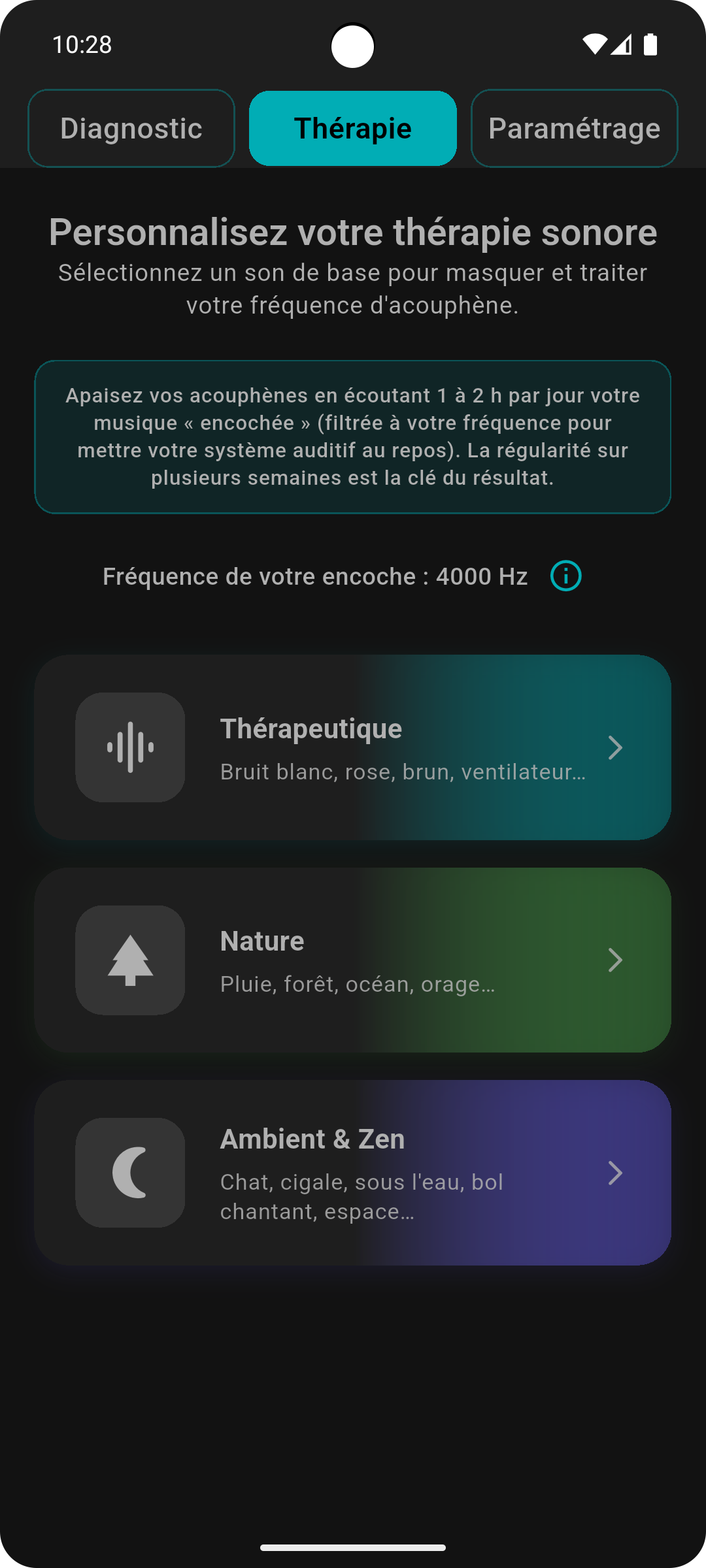 Page thérapie – résumé des sons et fréquence encoche
